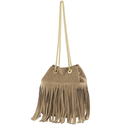 modamoda de T244 Damen Schultertasche Wildleder mit Fransen und Goldkette handmade in Italy