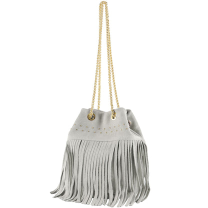 modamoda de T244 Damen Schultertasche Wildleder mit Fransen und Goldkette handmade in Italy