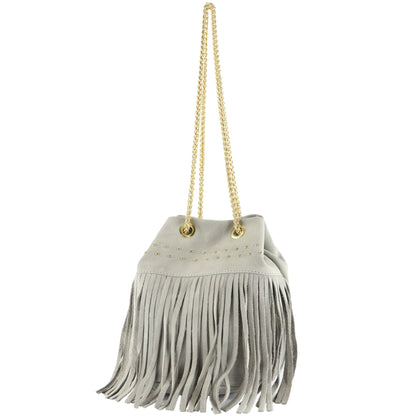 modamoda de T244 Damen Schultertasche Wildleder mit Fransen und Goldkette handmade in Italy