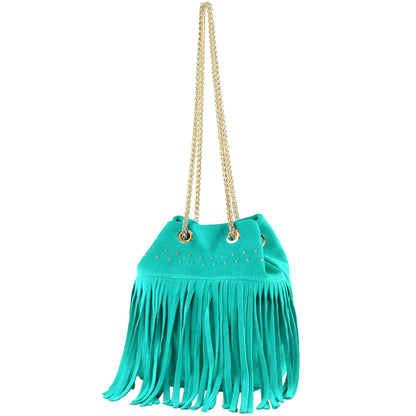 modamoda de T244 Damen Schultertasche Wildleder mit Fransen und Goldkette handmade in Italy