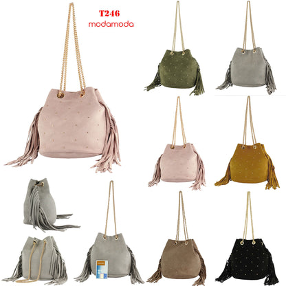 modamoda de T246 Damen Schultertasche Wildleder mit Fransen und Goldkette handmade in Italy