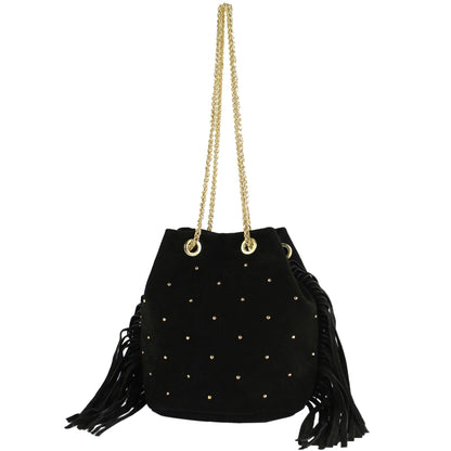 modamoda de T246 Damen Schultertasche Wildleder mit Fransen und Goldkette handmade in Italy