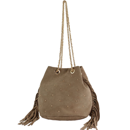 modamoda de T246 Damen Schultertasche Wildleder mit Fransen und Goldkette handmade in Italy